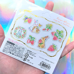 Bunny and Strawberry Sticker Flakes | Rabbit and Fruit Stickers | Cute Planner Deco Stickers | Scrapbooking Supplies (8 Designs / 48 Pieces)