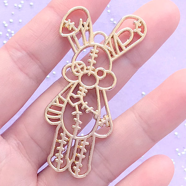 CLEARANCE Patchwork Bunny Plush Toy Open Bezel | Kawaii UV Resin Jewelry DIY | Animal Bunny Deco Frame for Resin Filling (1 piece / Gold / 28mm x 55mm)