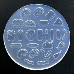 Miniature Fast Food and Drink Silicone Mold (25 Cavity) | Steak Ribs French Fries Beer Sausage Hot Dog Hamburger Chicken Drumstick Bacon Mould for Resin Craft