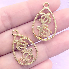 Double Sea Turtle Teardrop Open Bezel Charm | Marine Life Deco Frame for UV Resin Filling | Resin Craft Supplies (2 pcs / Gold / 18mm x 28mm)