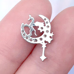 Unicorn and Moon Nail Charm with Rhinestones | Mythical Creature Embellishment | Magical Girl Nail Design (1 piece / Silver / 11mm x 16mm)