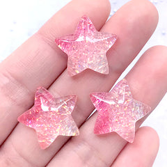 Star Cabochons | Resin Cabochon with Glitter | Kawaii Phone Case Decoden Supplies | Hair Bow Centerpiece (Pink / 3 pcs / 20mm x 19mm)