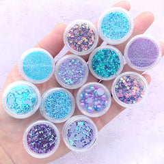 Assorted Confetti Glitter Powder Pearl Assortment in Iridescent Purple Blue Color | Hexagon Star Moon Diamond Rabbit Bunny (12 boxes)