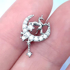 Unicorn and Moon Nail Charm with Rhinestones | Mythical Creature Embellishment | Magical Girl Nail Design (1 piece / Silver / 11mm x 16mm)