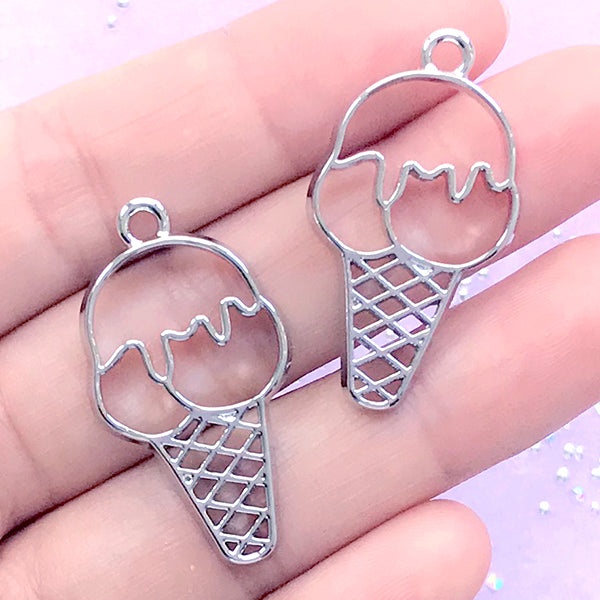 Kawaii Open Bezel for UV Resin Filling | Ice Cream Deco Frame | Food Pendant | Resin Jewellery Supplies (2 pcs / Silver / 19mm x 34mm)