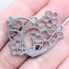 Cherry Blossom Forest Deer Open Bezel Charm | Nature Pendant | Kawaii UV Resin Craft Supplies (1 piece / Silver / 34mm x 28mm)