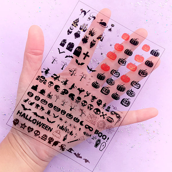 Pumpkin and Halloween Clear Film Sheet | Creepy Cute Embellishments | Kawaii Goth Resin Inclusions | UV Resin Art Supplies