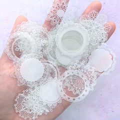 White Lace Doilies Sticker Flakes | Clear PVC Stickers | Embellishments for Resin Art | Scrapbooking Supplies (Set of 50 pcs)