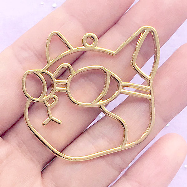 Kawaii Cat with Swim Goggles Open Bezel Pendant | Cute Animal Deco Frame for UV Resin Filling | Kitty Charm (1 piece / Gold / 41mm x 38mm)