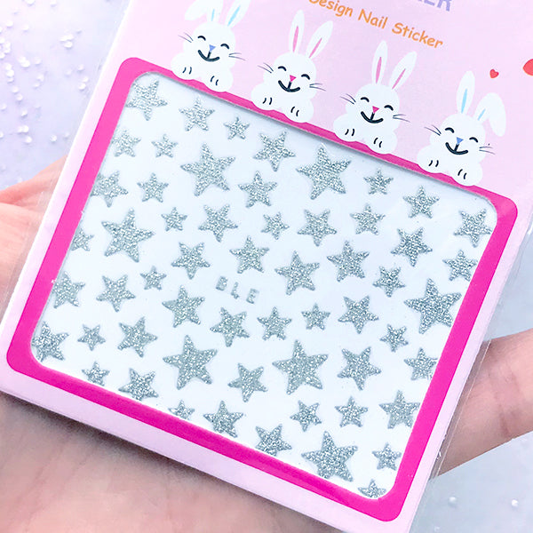 Silver Star Stickers with Glitter | Glittery Nail Designs | Embellishment for Resin Craft | Nail Art Deco