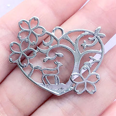 Cherry Blossom Forest Deer Open Bezel Charm | Nature Pendant | Kawaii UV Resin Craft Supplies (1 piece / Silver / 34mm x 28mm)