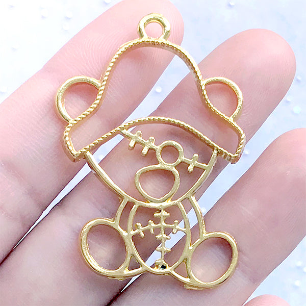 Pirate Bear Open Bezel Charm | Animal Deco Frame for UV Resin Filling | Kawaii Jewelry Supplies (1 piece / Gold / 30mm x 44mm)