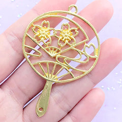 Sakura Hand Fan Open Bezel Charm | Cherry Blossom Japanese Fan Deco Frame for UV Resin Filling (1 piece / Gold / 40mm x 60mm)