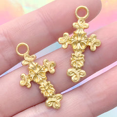 Cathedral Cross Charm | Budded Cross Pendant | Religion Jewelry Supplies (2 pcs / Gold / 17mm x 30mm)