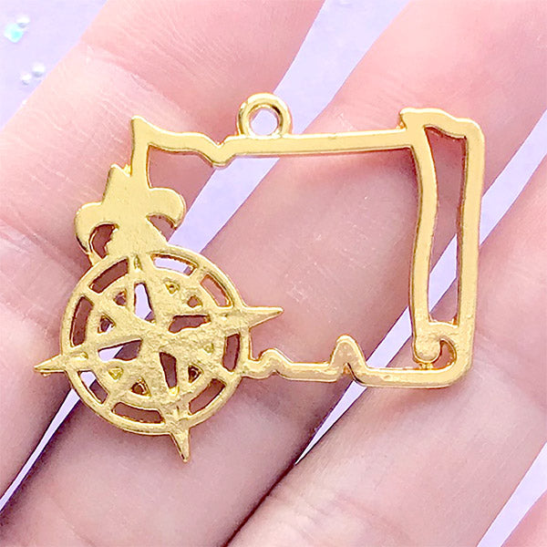 Nautical Chart and Compass Open Bezel | Sailing Map Deco Frame for UV Resin Filling | Sailor Charm (1 piece / Gold / 35mm x 30mm)