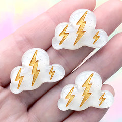 Cloud with Lightning Cabochon | Thunderstorm Weather Embellishment | Kawaii Decoden Craft Supplies (3 pcs / White & Gold / 27mm x 19mm)