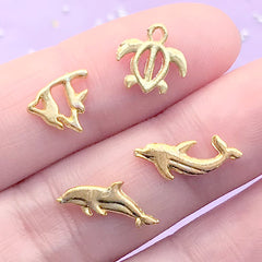 Marine Life Embellishment | Sea Turtle Dolphin Tropical Fish Floating Charm | Metal Resin Inclusions | UV Resin Art Supplies (4 pcs / Gold)