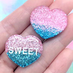 Glittery Sweet Heart Decoden Cabochons | Kawaii Resin Embellishment | Cute Hair Bow Center | Toddler Jewelry DIY (2 pcs / Pink Blue / 26mm x 23mm)