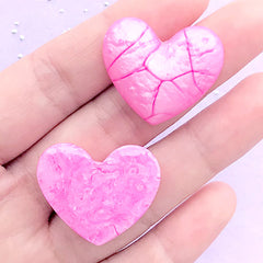 CLEARANCE Cracked Marble Heart Cabochon in Pearl Color | Kawaii Decoden Embellishment | Phone Case Decoration (2 pcs / Dark Pink / 27mm x 24mm)