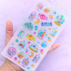 Kawaii Epoxy Stickers with Glitter | Glittery Crystal Ball Carousel Candy Jar Cake Stand Rose Dome Stickers | Clear PVC Sticker