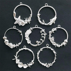Sea Circle Open Bezel for UV Resin Filling | Dolphin Seashell Starfish Seahorse Pendant | Marine Life Charm | Kawaii Craft Supplies (7 pcs / Silver)