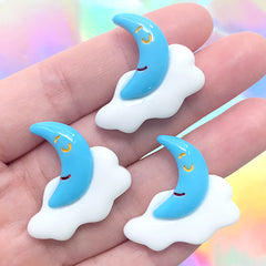 Blue Moon and Cloud Cabochons | Kawaii Hair Bow Center | Decoden Resin Embellishment (3 pcs / 28mm x 28mm)