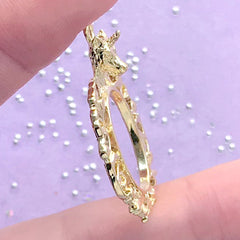 Filigree Oval Frame with 3D Unicorn Head Open Bezel | Magical Girl Charm | Kawaii UV Resin Jewelry Making (1 piece / Gold / 25mm x 35mm)