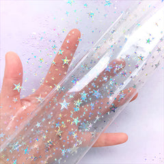 Transparent TPU Fabric Sheet with Holographic Star Pattern | Kawaii Vinyl Bags Making (Clear / 20cm x 26cm / 0.25mm)