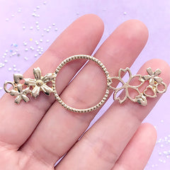 Sakura Connector Charm with Round Deco Frame | Floral Open Bezel with Cherry Blossom | UV Resin Jewelry DIY (1 piece / Gold / 23mm x 64mm)
