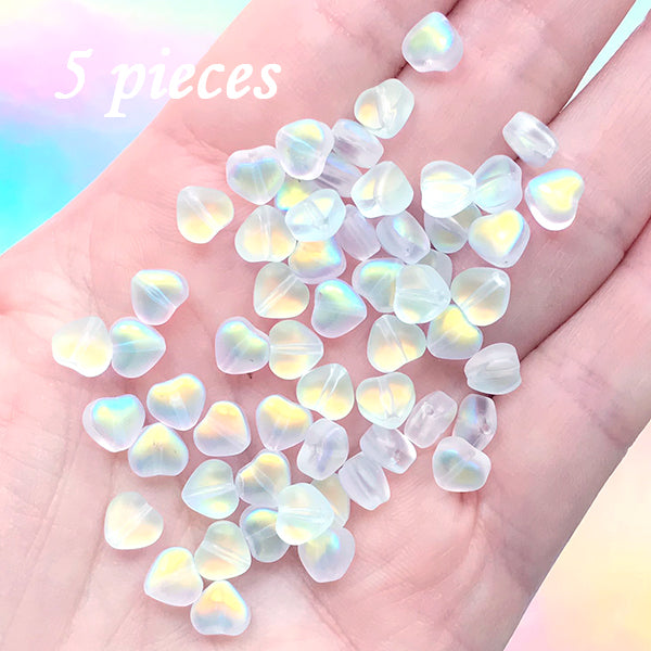 Matte Iridescent Heart Beads, Small Glass Bead in Rainbow Colour, Ka, MiniatureSweet, Kawaii Resin Crafts, Decoden Cabochons Supplies