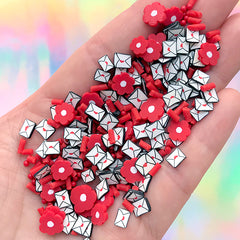 Love Letter and Red Flower Polymer Clay Slices and Faux Sugar Strands | Fake Sugar Pearls and Dragee Sprinkles Toppings (10 grams)