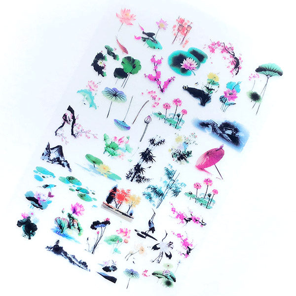 Lotus Bamboo Peach Blossom Nature Clear Film Sheet for UV Resin Art | Oriental Floral Embellishments in Chinese Ink Wash Painting Style