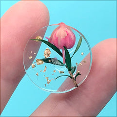 Dried Flower Bud Cabochon with Gold Foil | Round Floral Cabochon for Pendant Making | Resin Jewelry DIY (1 Piece / 20mm)