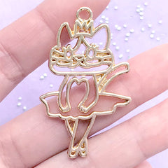 Ballerina Kitty Open Bezel | Kawaii Cat Dancing Ballet Charm | Cute Animal Open Frame for UV Resin Filling (1 piece / Gold / 29mm x 48mm)