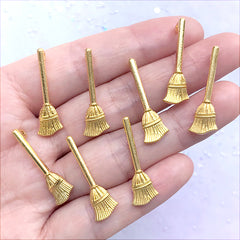 Witch Broomstick Charm | 3D Miniature Broom Pendant | Halloween Jewellery Supplies (8 pcs / Gold / 9mm x 27mm)