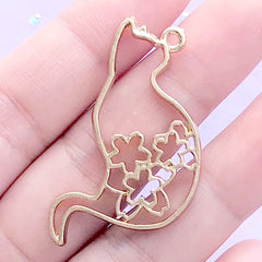 Sakura Kitty Open Bezel | Cat with Cherry Blossom Pattern Charm | Animal Deco Frame for UV Resin (1 piece / Gold / 23mm x 42mm)