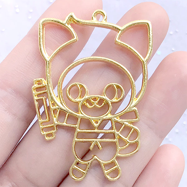 Ninja Cat Open Bezel Charm | Kawaii Animal Shinobi Deco Frame for UV Resin Jewelry Making (1 piece / Gold / 34mm x 49mm)