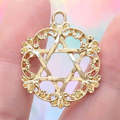 Six Pointed Star of David with Filigree Border Charm | Hexagram Magen David Pendant | Sacred Geometry Jewelry Supplies (1 piece / Gold / 23mm x 28mm)
