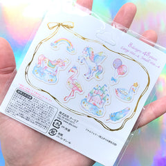 Pastel Fairy Tale Sticker Flakes | Kawaii Fairy Kei Sticker | Unicorn Castle Swan Feather Rainbow Flamingo Balloon Stickers (8 Designs / 48 Pieces)