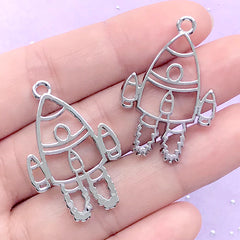 Spaceship Open Bezel for UV Resin Filling | Kawaii Rocket Ship Pendant | Spacecraft Deco Frame (2 pcs / Silver / 23mm x 34mm)