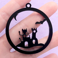 Halloween Acrylic Open Bezel Charm | Ghost House Deco Frame for UV Resin Filling (1 piece / Black / 48mm x 52mm / 2 Sided)