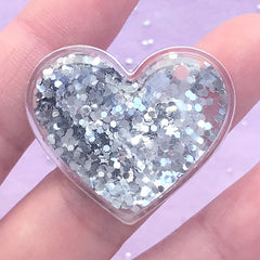 DEFECT Heart Resin Shaker Charm | Glittery Decoden Cabochon with Shaker Oil and Glitter | Kawaii Phone Case Deco (1 piece / Silver / 35mm x 30mm)