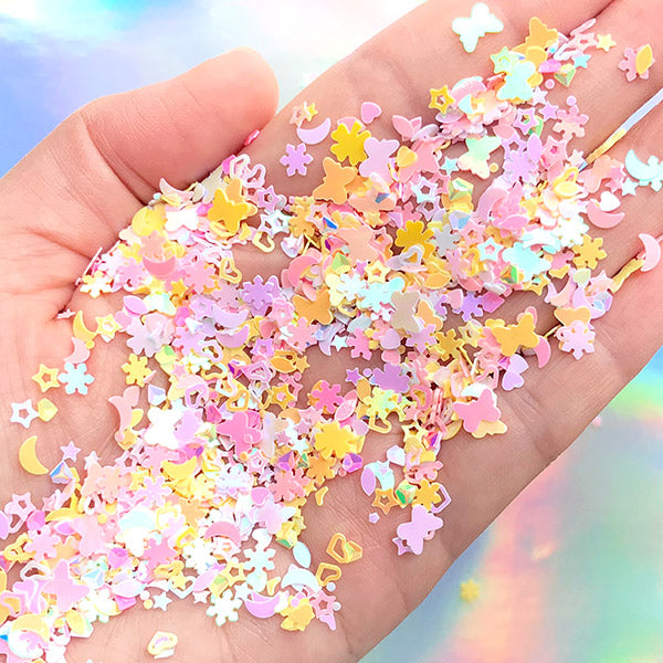 Kawaii Pastel Confetti, Iridescent Pastel Glitter, Butterfly Moon He, MiniatureSweet, Kawaii Resin Crafts, Decoden Cabochons Supplies