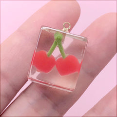 Kawaii Cherry Cube Charm | Miniature Fruit in Ice Cube Pendant | Fake Food Jewelry DIY (1 Piece / Red / 16mm x 22mm)