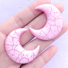 CLEARANCE Kawaii Moon Cabochon with Marble Pattern | Cracked Moon Embellishments | Magical Girl Decoden (2 pcs / Pink / 33mm x 39mm)