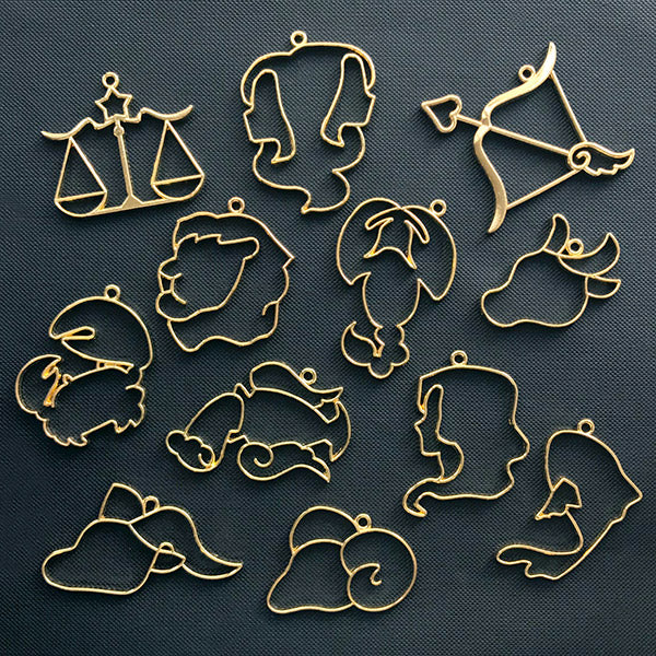 Constellation Open Bezel Pendant | Astrological Zodiac Sign Deco Frame for UV Resin Craft | Horoscope Jewelry DIY (12 pcs / Gold)