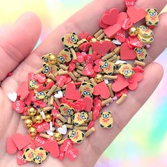 Valentine's Day Confetti Sprinkles | Bear and Heart Polymer Clay Slices and Fake Sugar Strands and Dragee | Faux Food Craft Supplies (10 grams)