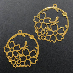 Cherry Blossom Circle Metal Bookmark Charm | Sakura Open Bezel | Flower Deco Frame for UV Resin Filling (2 pcs / 30mm x 32mm)