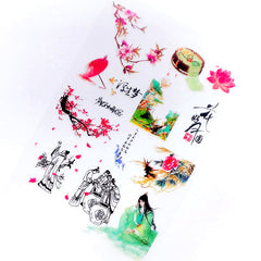 Traditional Chinese Painting Clear Film Sheet for UV Resin Craft | Oriental People and Nature Embellishments in Ink Wash Painting Style