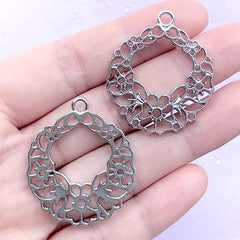 Floral Wreath Open Back Bezel Pendant | Flower Circle Deco Frame for UV Resin Filling (2 pcs / Silver / 30mm x 34mm)